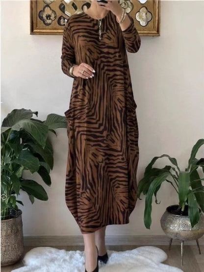 Stylish Leopard Print Long Sleeve Midi Dress