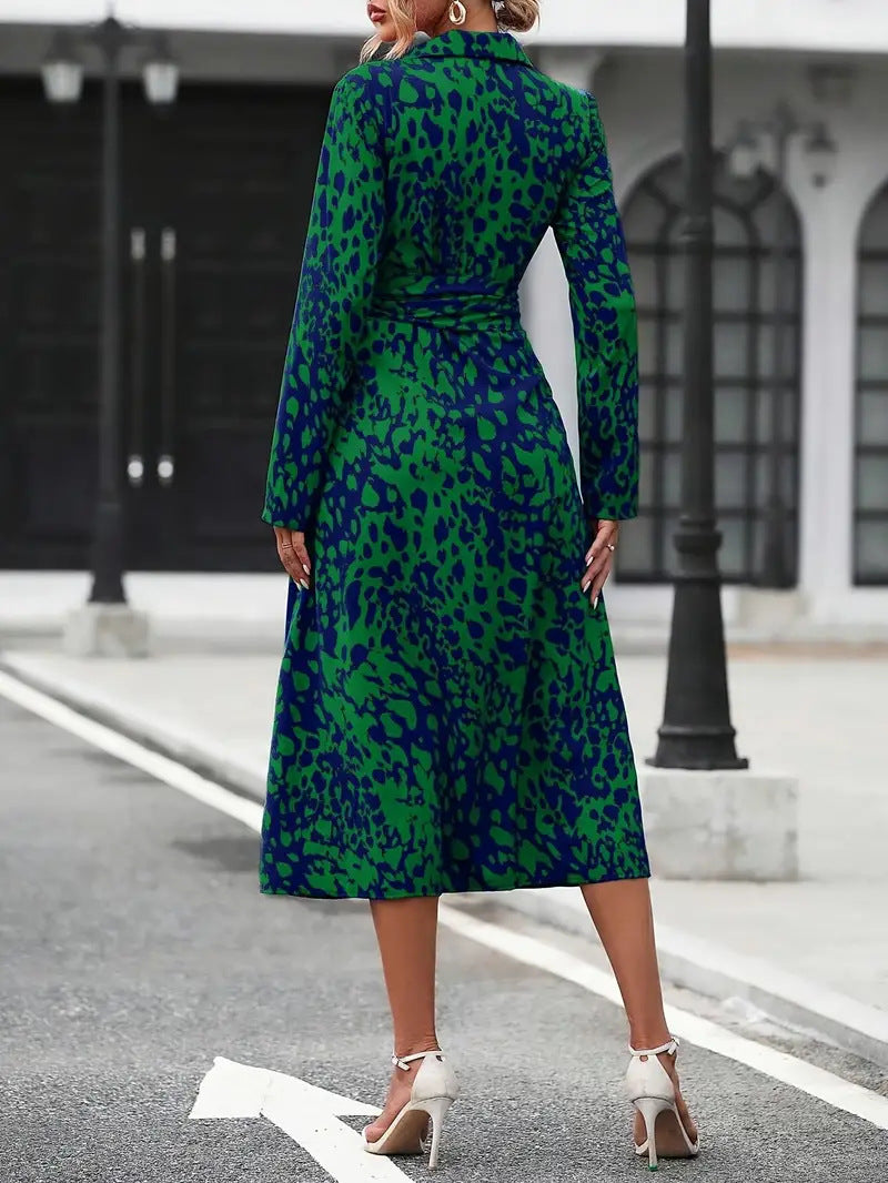 Printed Button Front Elegant Long Sleeve Midi Dress