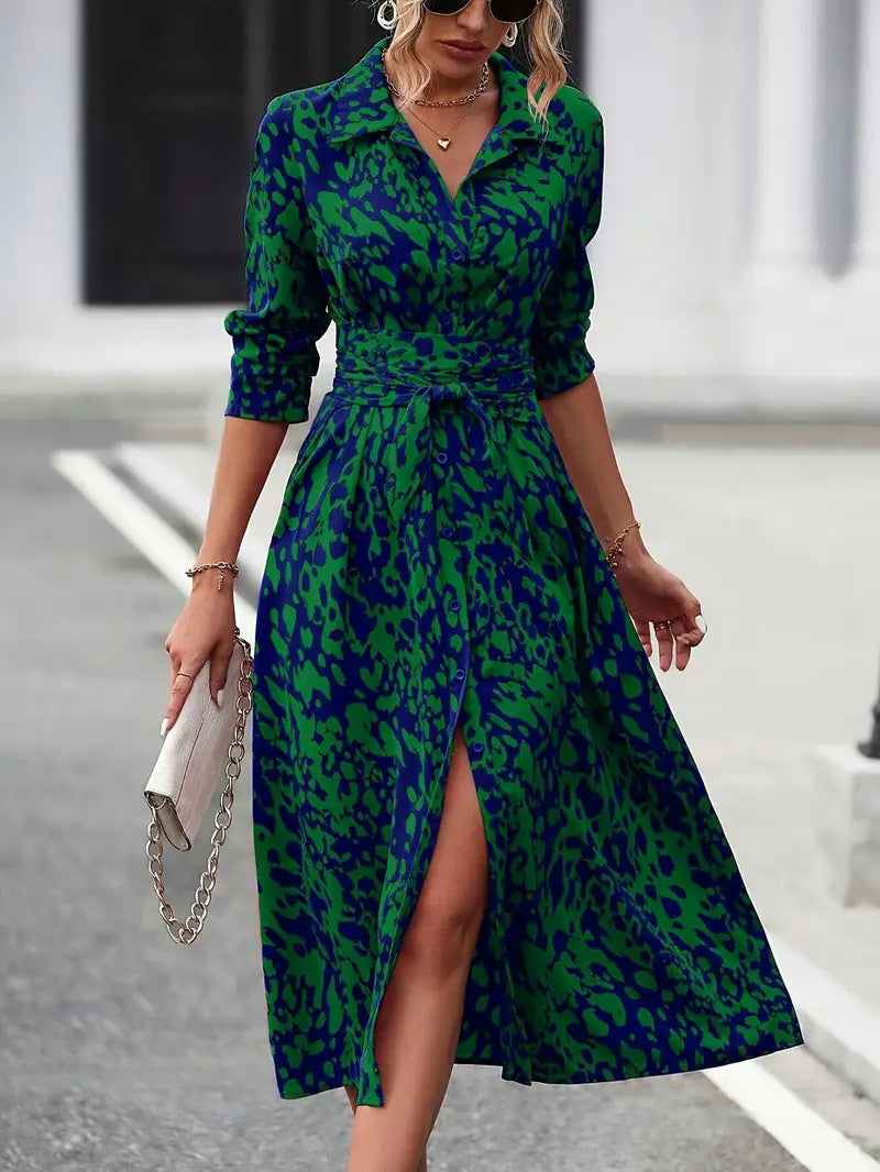 Printed Button Front Elegant Long Sleeve Midi Dress