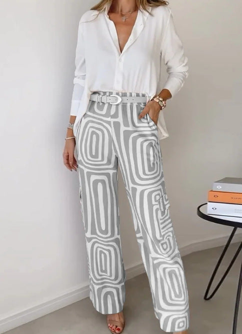 Casual Long-sleeved Lapel Shirt Printed Wide-leg Pants Suit