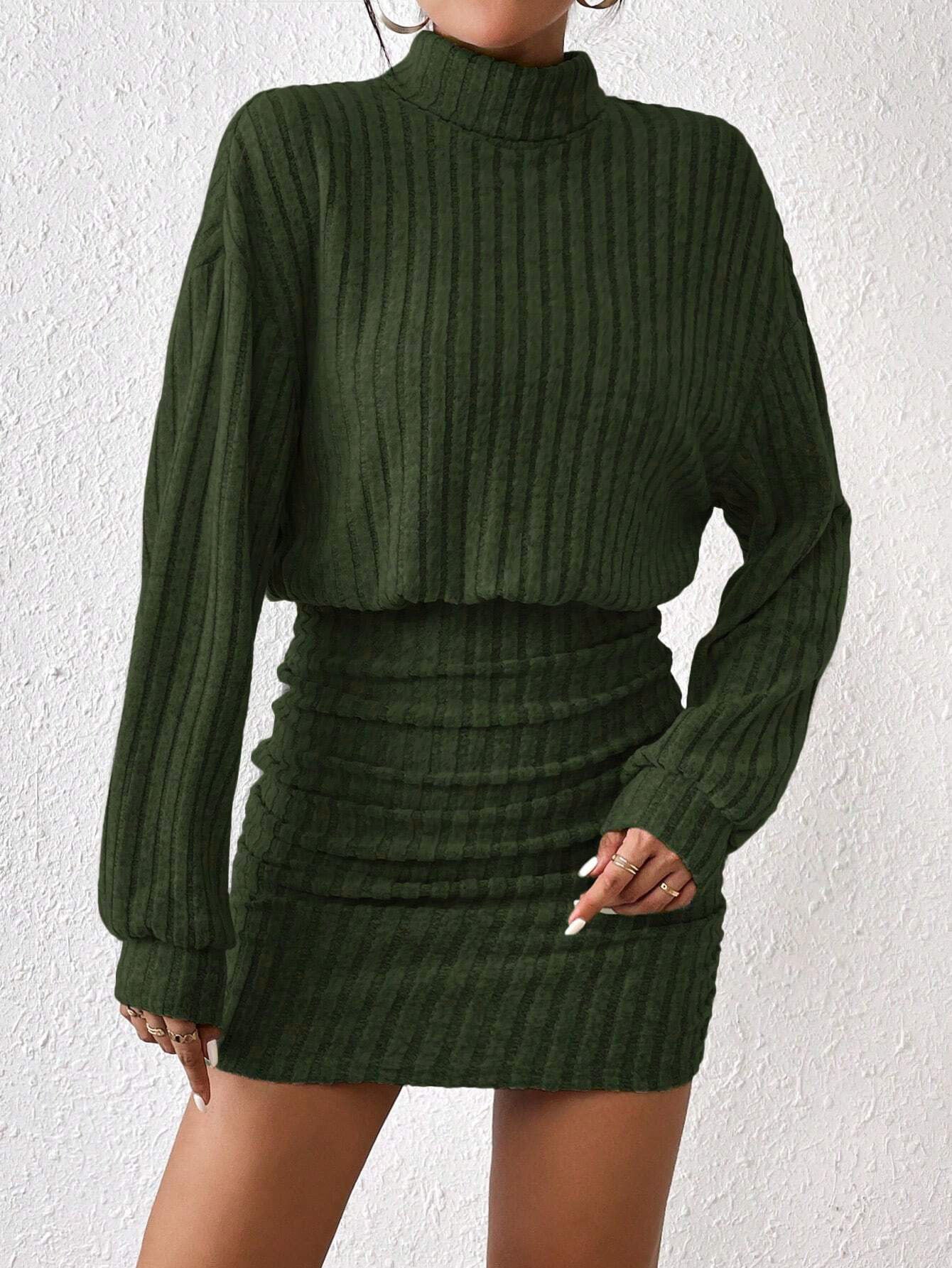 High Neck Ribbing Woolen Knit Suit