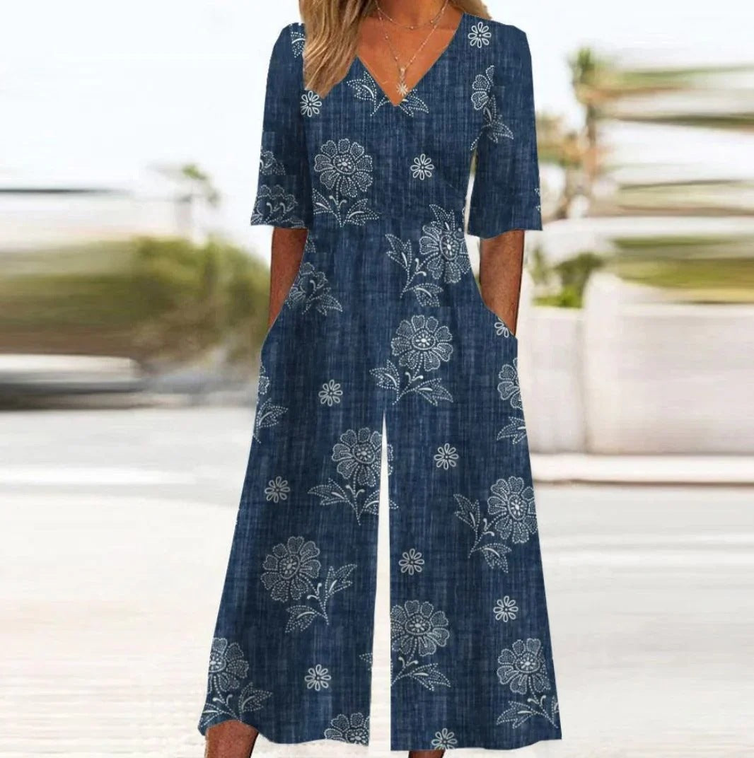 V-Neck Printed One-piece Loose Two-piece Set