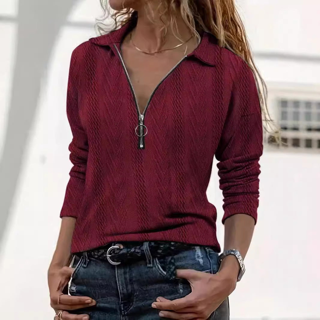 Elegantly Simple Solid Color Textured Zipper Top