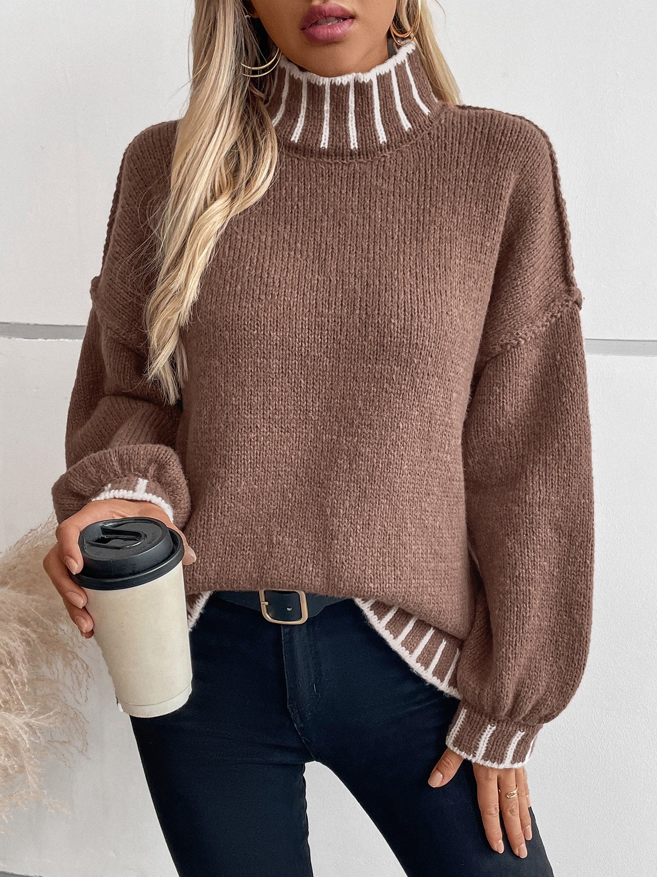 Loose Pullover Retro Color Matching Turtleneck Sweater