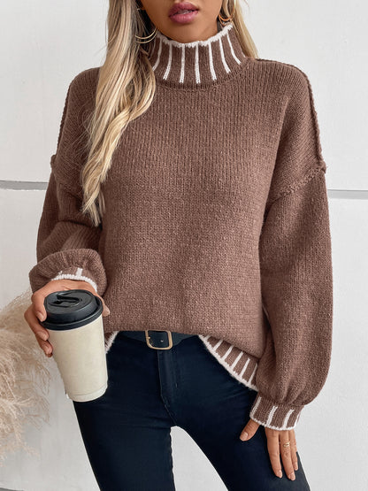 Loose Pullover Retro Color Matching Turtleneck Sweater