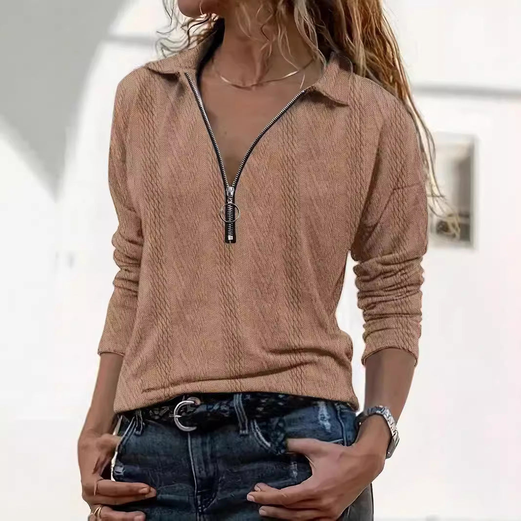 Elegantly Simple Solid Color Textured Zipper Top