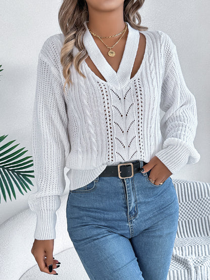 Hollow Out V-neck Twist Lantern Sleeve Pullover Sweater