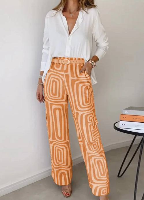 Casual Long-sleeved Lapel Shirt Printed Wide-leg Pants Suit