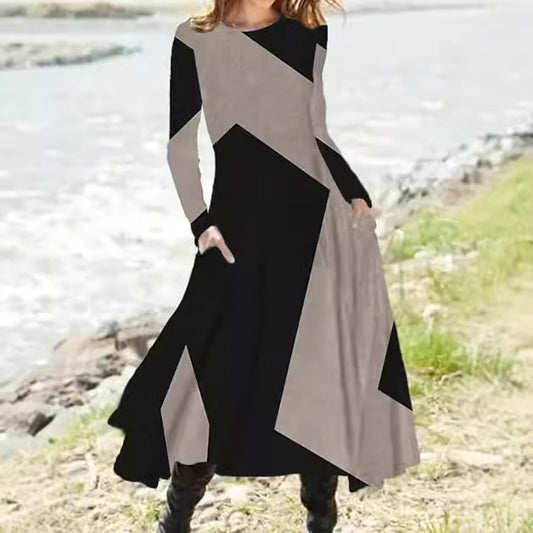 Vintage Round Neck Long Sleeve Maxi Dress