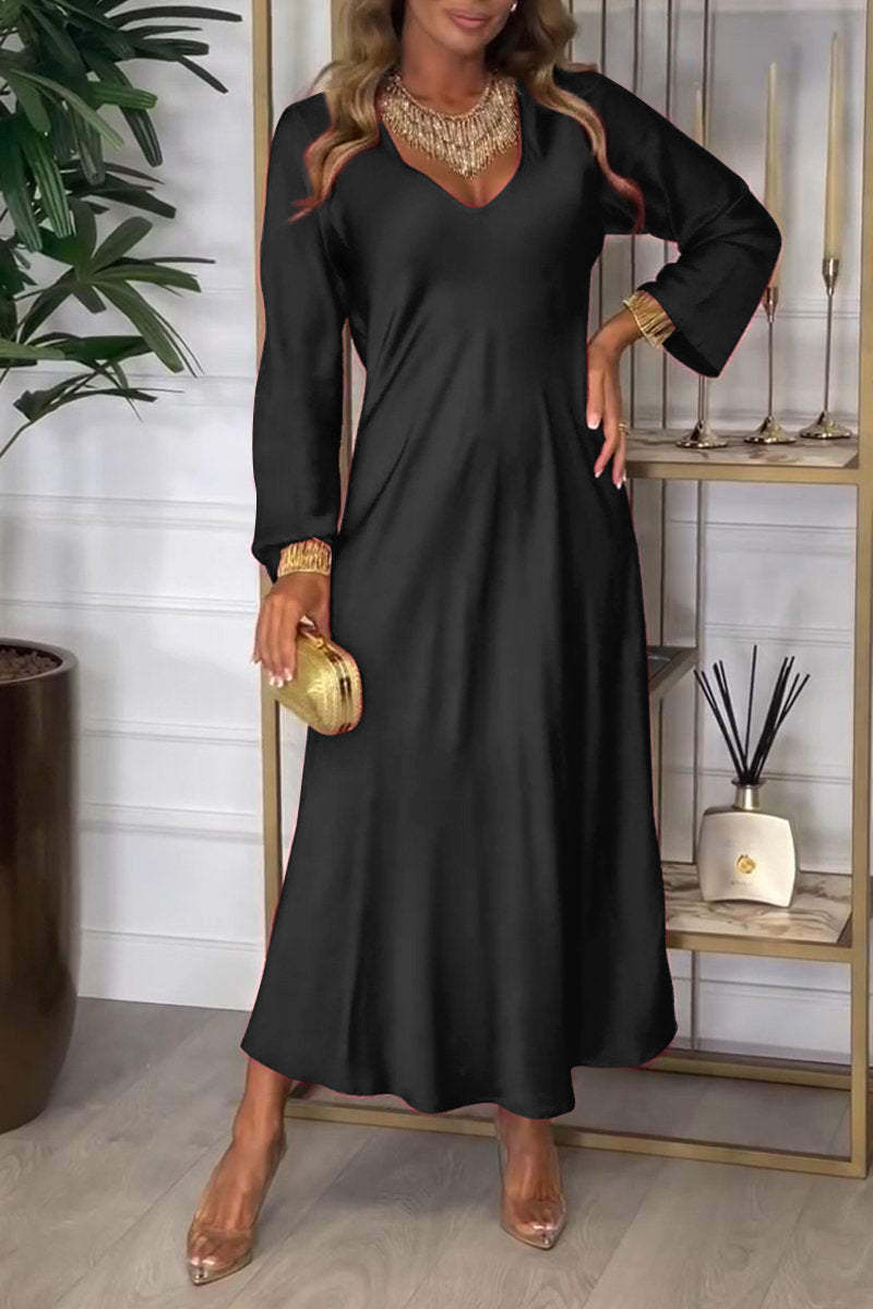 Chic Plain V-Neck Long Sleeve Midi Dress