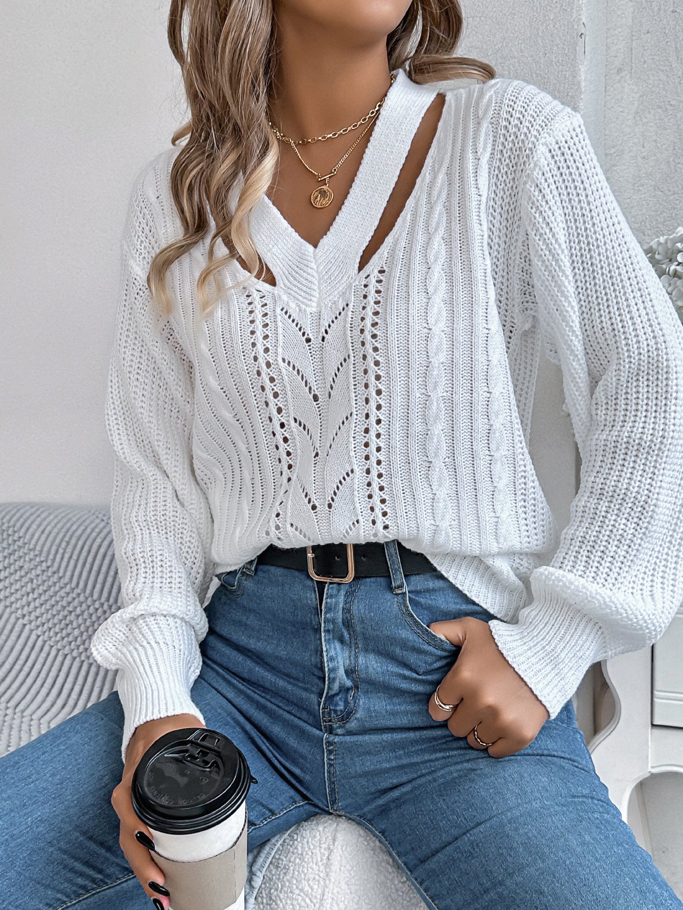 Hollow Out V-neck Twist Lantern Sleeve Pullover Sweater