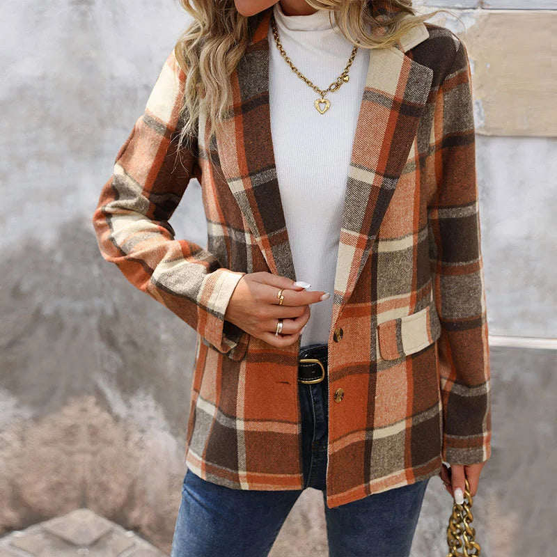 Brown Plaid Long Sleeve Lapel Collar Regular Blazer