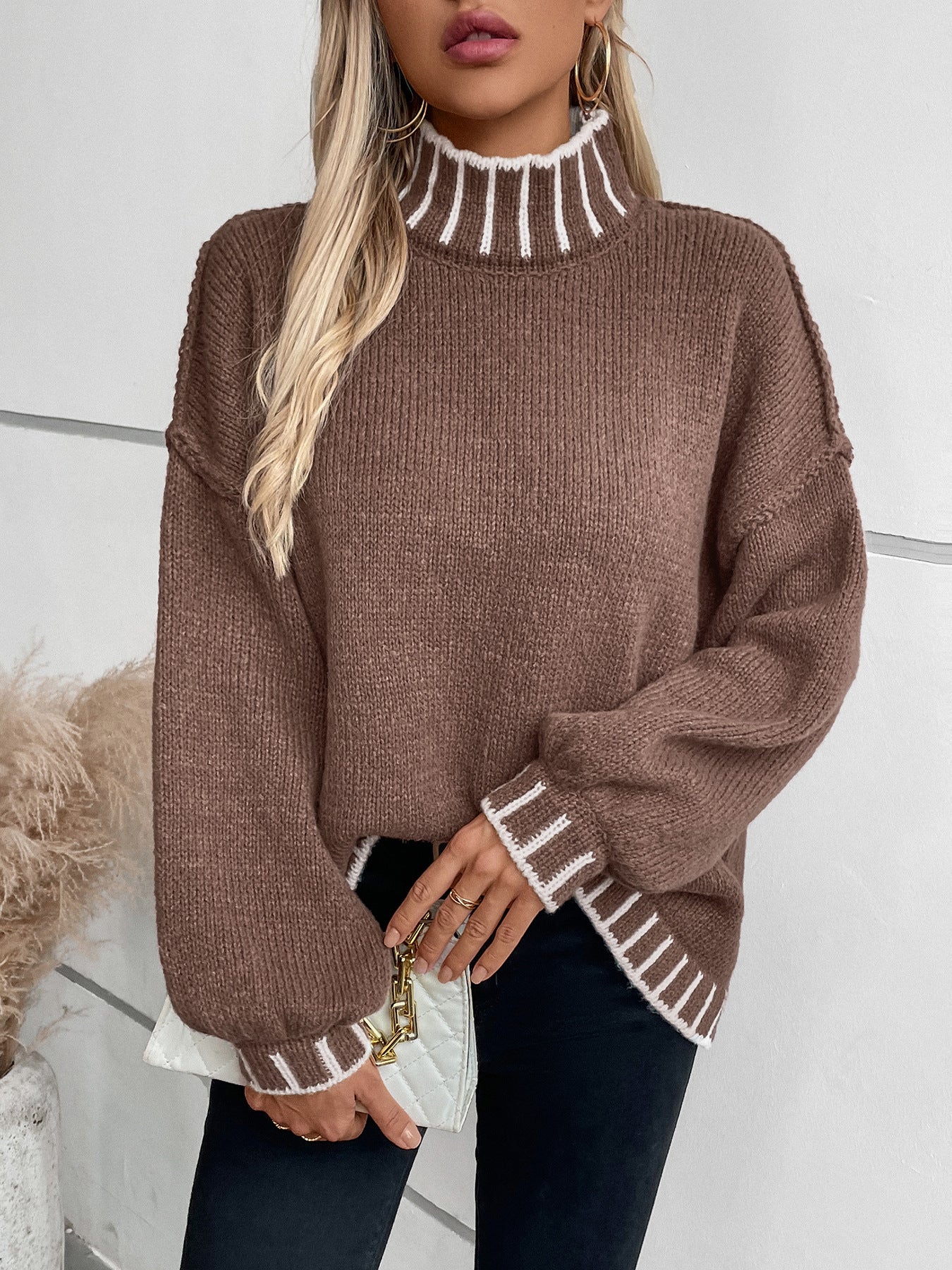 Loose Pullover Retro Color Matching Turtleneck Sweater