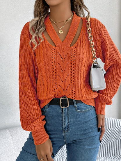 Hollow Out V-neck Twist Lantern Sleeve Pullover Sweater