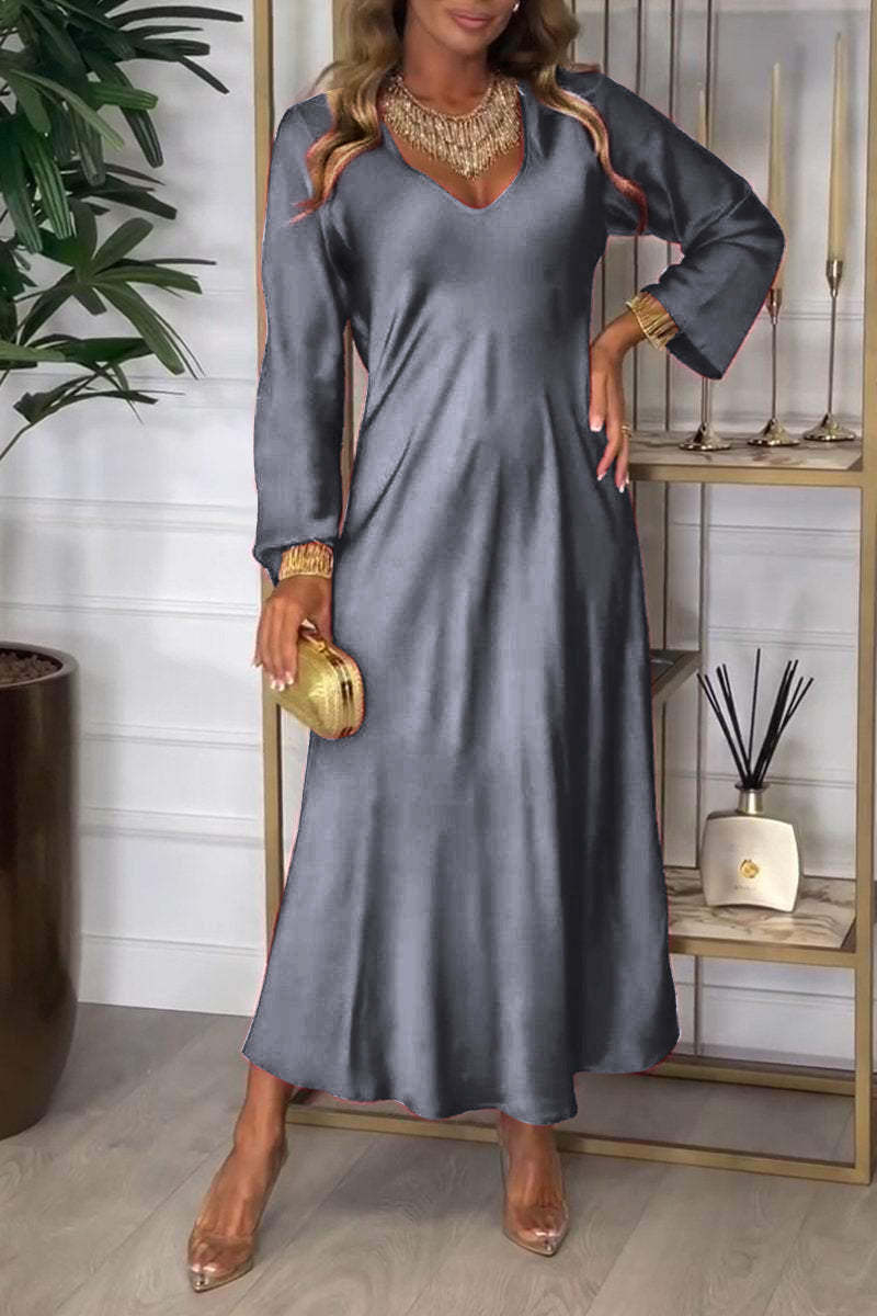 Chic Plain V-Neck Long Sleeve Midi Dress