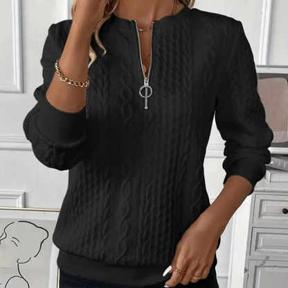 V-Neck Zipper Long Sleeve Plain Top