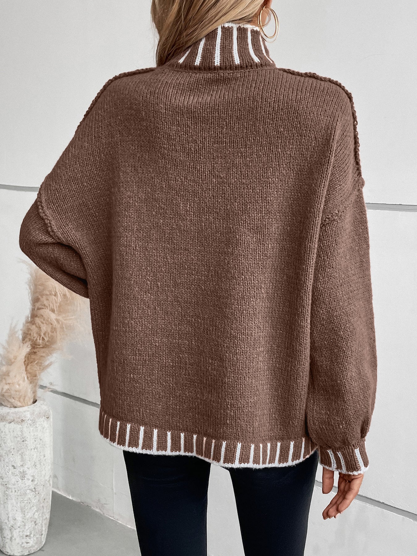 Loose Pullover Retro Color Matching Turtleneck Sweater