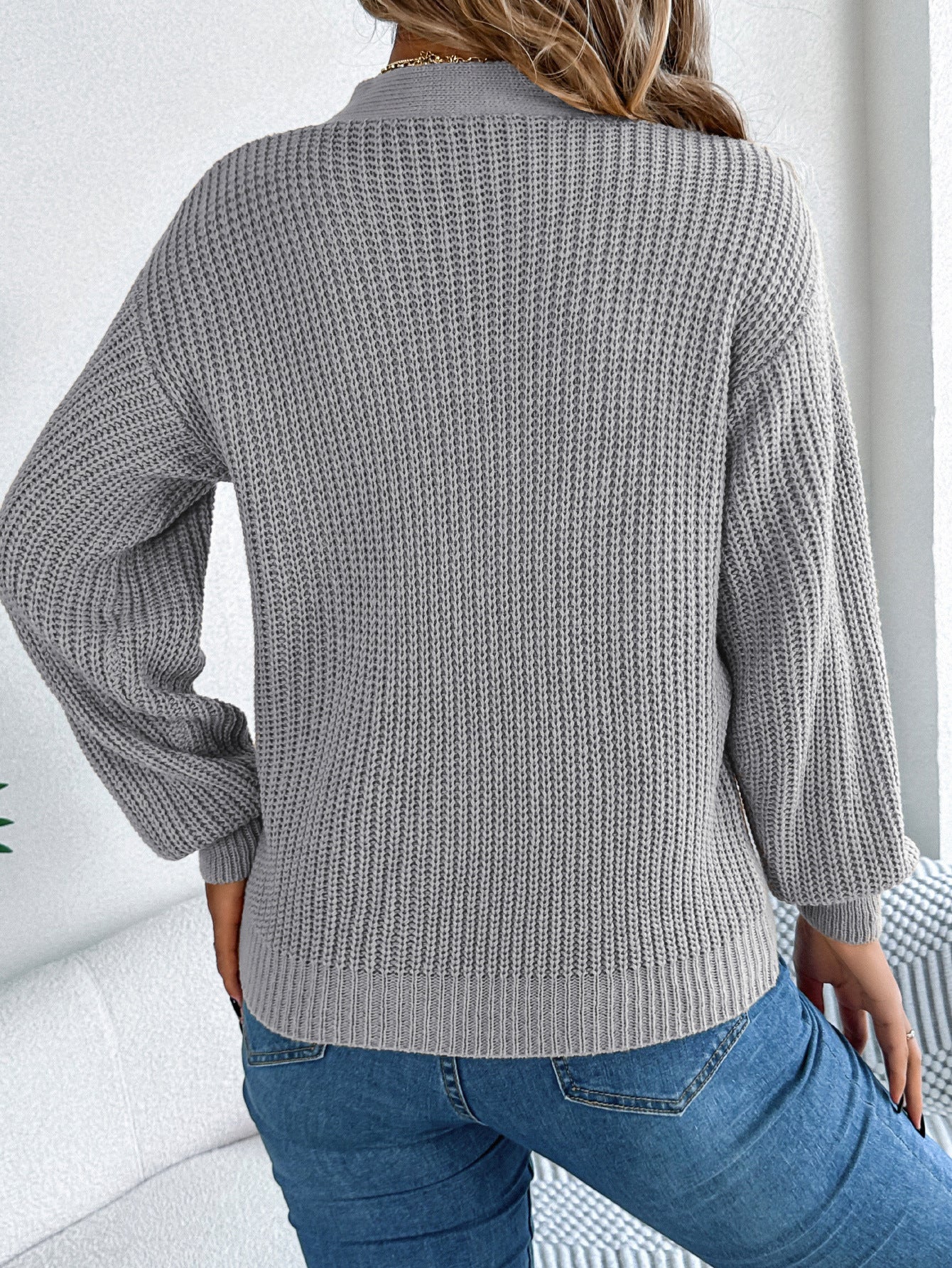 Hollow Out V-neck Twist Lantern Sleeve Pullover Sweater