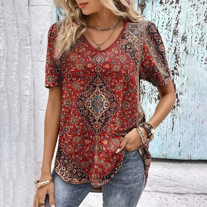 Dark Red Print Short Sleeve Top