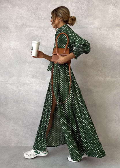 Green Print Long Sleeve Maxi Dress