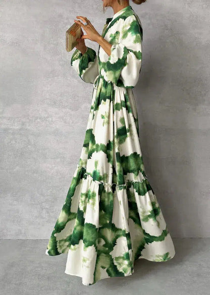 Green Long Sleeve V-Neck Maxi Dress