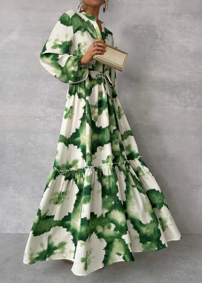 Green Long Sleeve V-Neck Maxi Dress