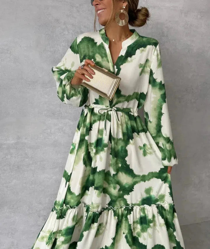 Green Long Sleeve V-Neck Maxi Dress