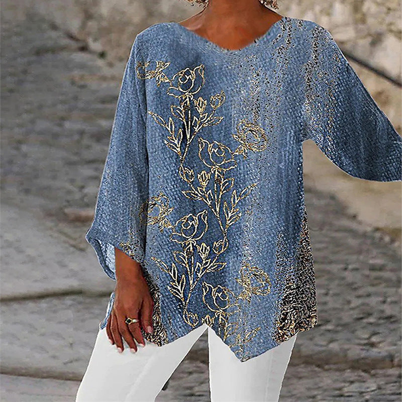 Casual Loose And Irregular Printed Long Sleeve V-neck Top