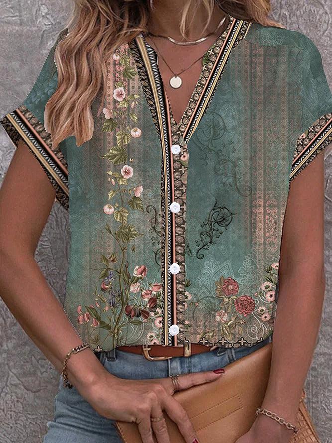 Green Vintage Watercolor Floral Print Blouse