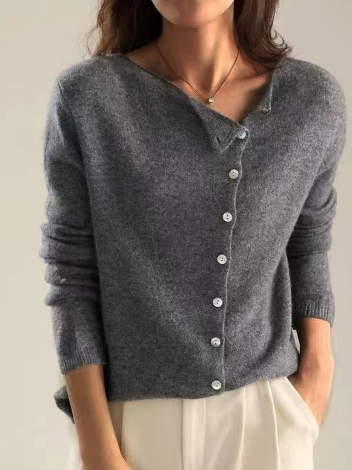 Single-Breasted Knit Cardigan with Low Round Neckline