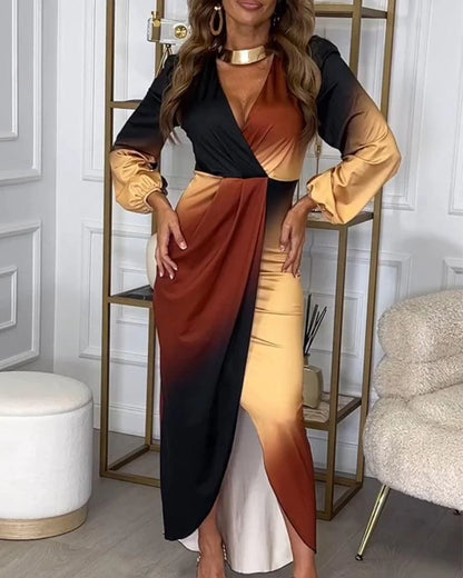 Vintage Style Long Sleeve Brown Maxi Dress