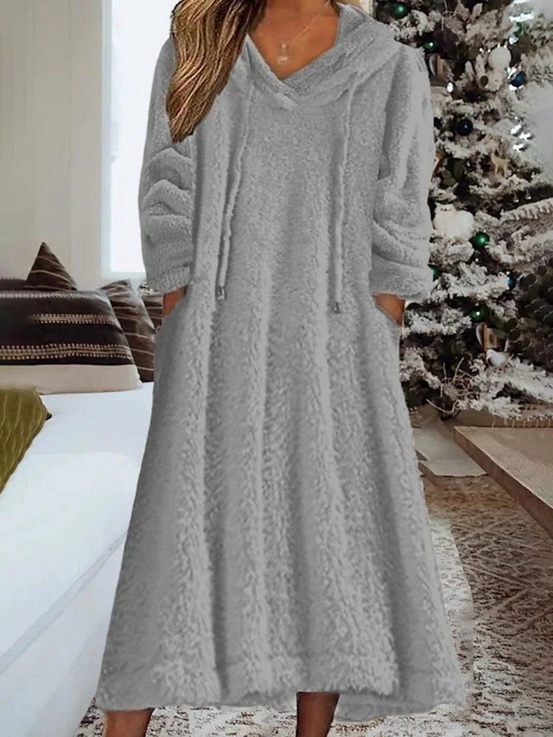 Loose Casual Fluff Hooded Long Sleeve Dress