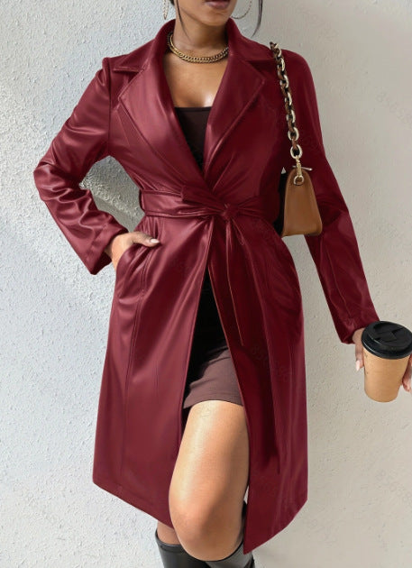 Slim Fit Long Sleeve Lapel PU Leather Trench Coat