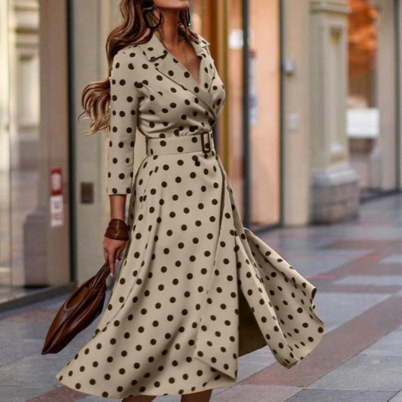 Casual Polka Dot Lapel Long Sleeve Dress