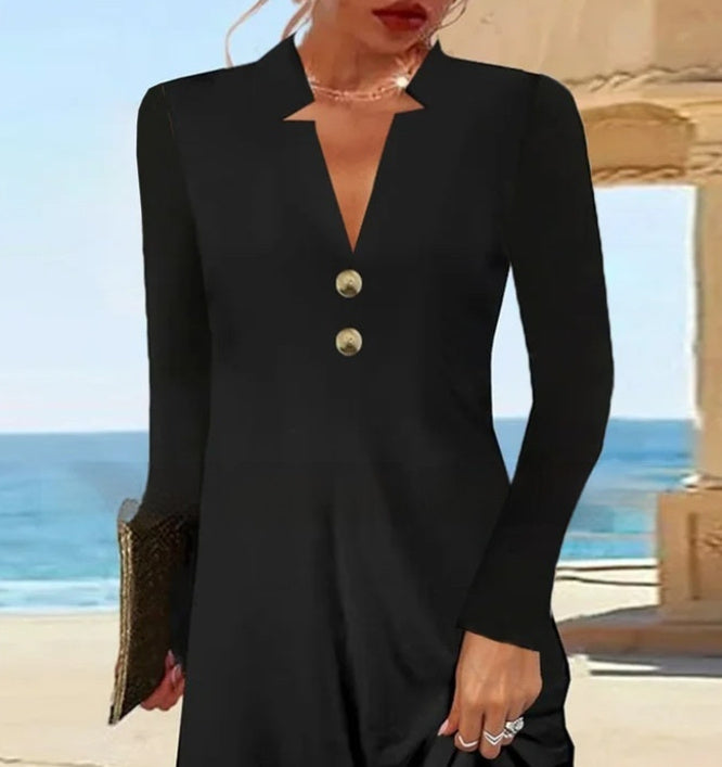 Long Sleeve V-Neck Black Dress