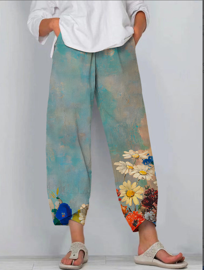 Casual Loose Printed Elastic Waist Straight Leg Pants