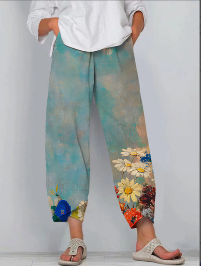 Casual Loose Printed Elastic Waist Straight Leg Pants