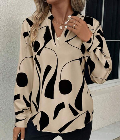 V-Neck Long Sleeve Slim Fit Printed Stand Up Shirt