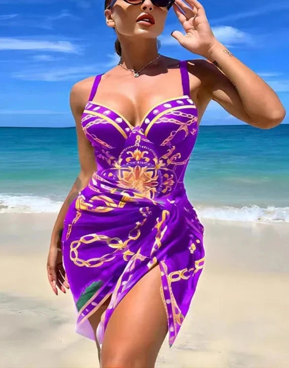 Elegant Print One Piece Two Piece Sleeveless Swimwear