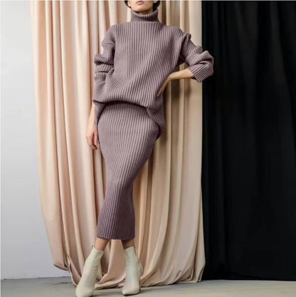 Loose High Neck Warm Sweater Two Piece Set