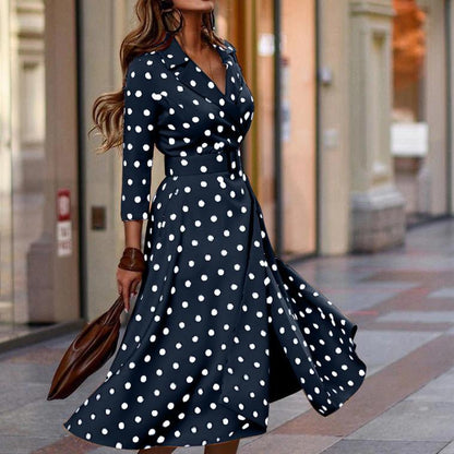 Casual Polka Dot Lapel Long Sleeve Dress