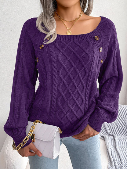 Casual Square Collar Button Twist Knit Pullover Sweater