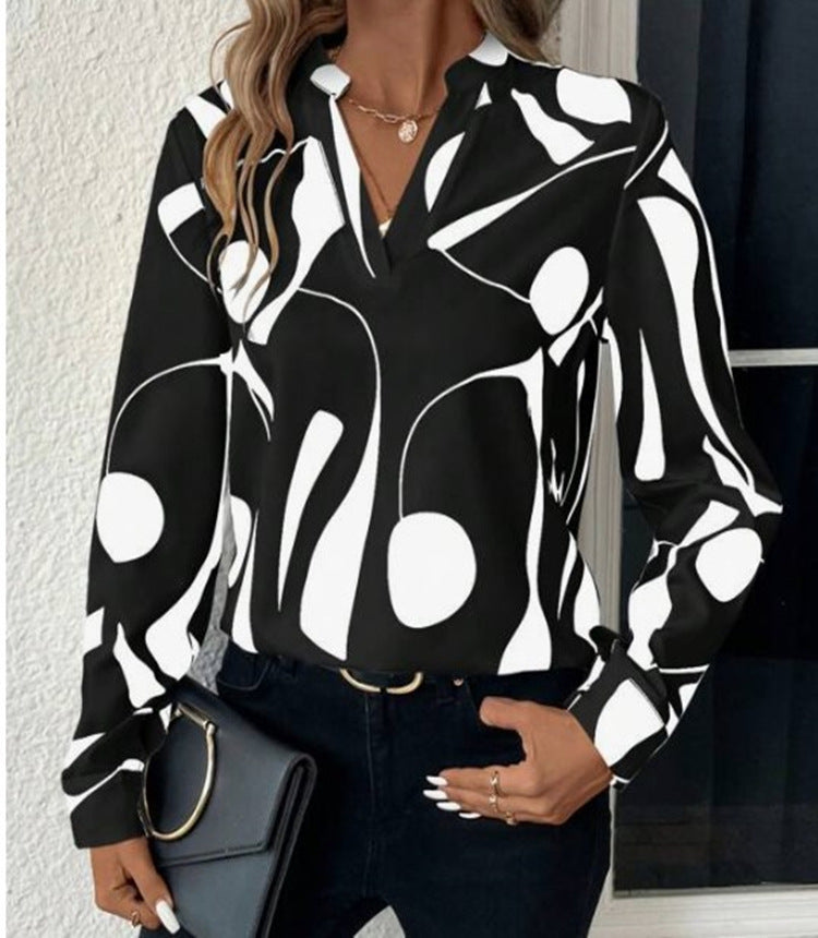 V-Neck Long Sleeve Slim Fit Printed Stand Up Shirt