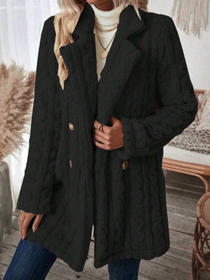 Casual Plain Long Sleeve Lapel Collar Fleece Coat