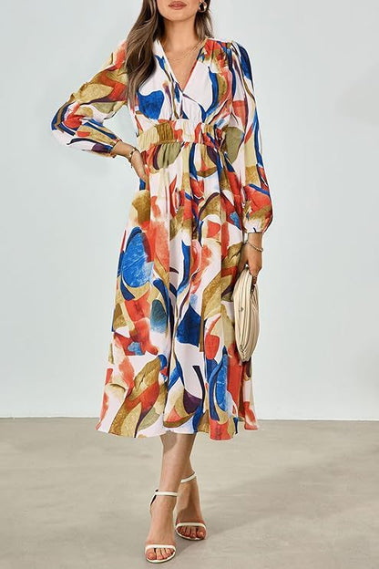 Long Casual Long Sleeve V-neck Printed Beach Long Flowy Dress