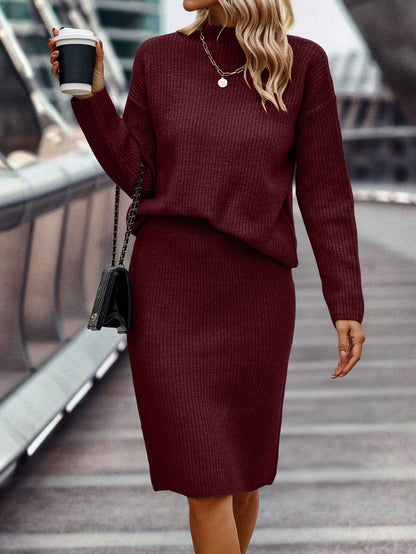 Solid Color Mock Neck Long Sleeve Sweater Suit