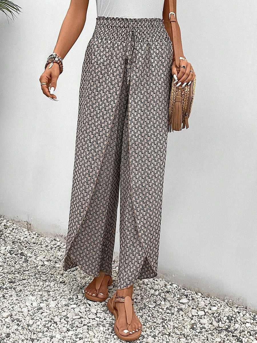 Brown Print Elastic Drawstring Waistband Pants