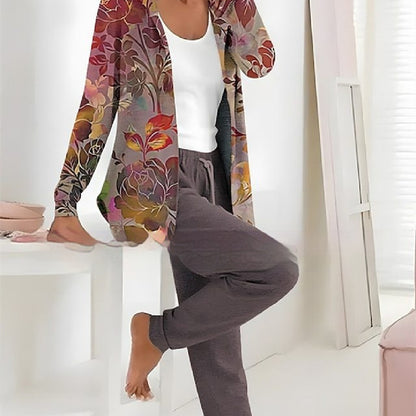 Printed Cardigan Coat and Solid Color Two-Piece Set