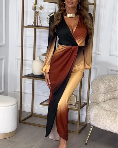 Vintage Style Long Sleeve Brown Maxi Dress