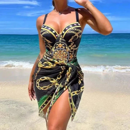 Elegant Print One Piece Two Piece Sleeveless Swimwear